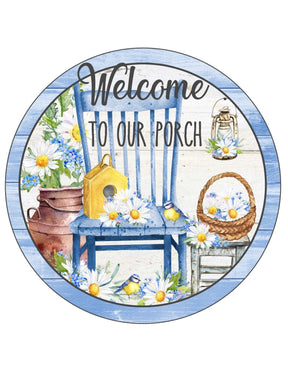 Welcome to Our Porch Blue Floral Wreath Sign