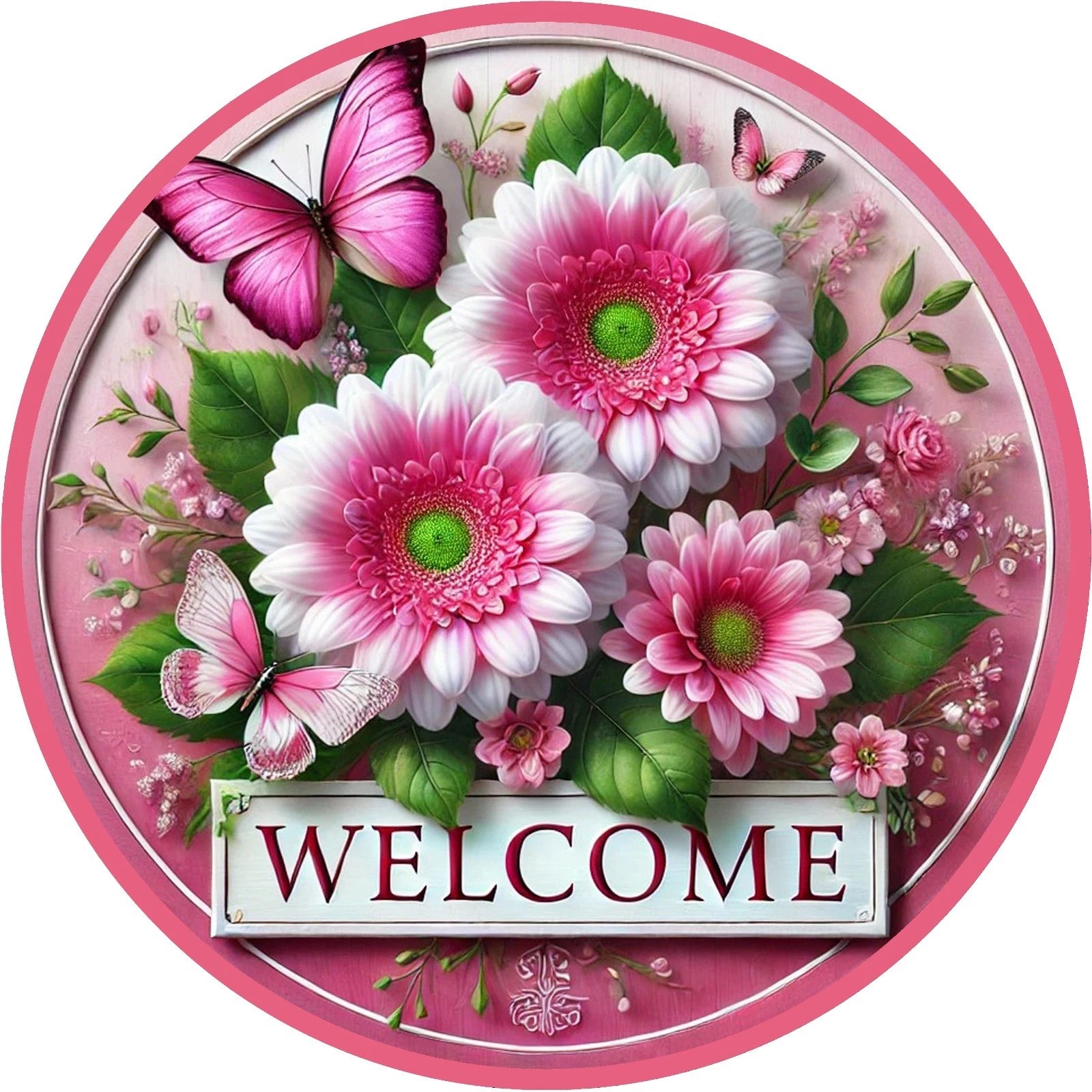 Welcome Pink Daisy Butterfly Wreath Sign