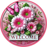 Welcome Pink Daisy Butterfly Wreath Sign