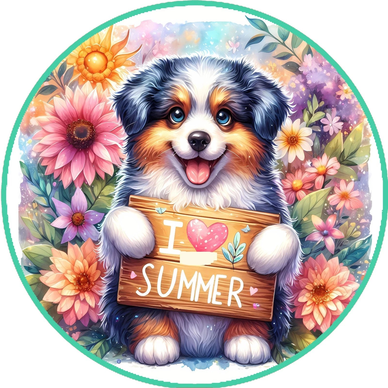 Summer Puppy Floral Wreath Sign