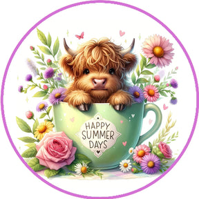 Summer Highland Cow Floral Wreath Sign