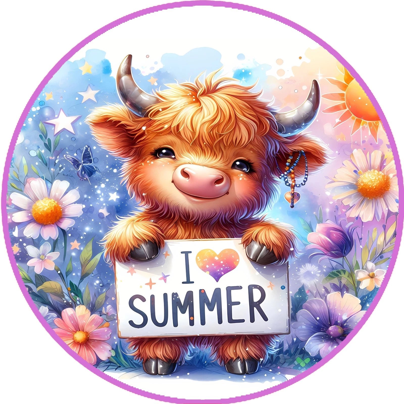 Summer Highland Cow Round Metal Wreath Sign