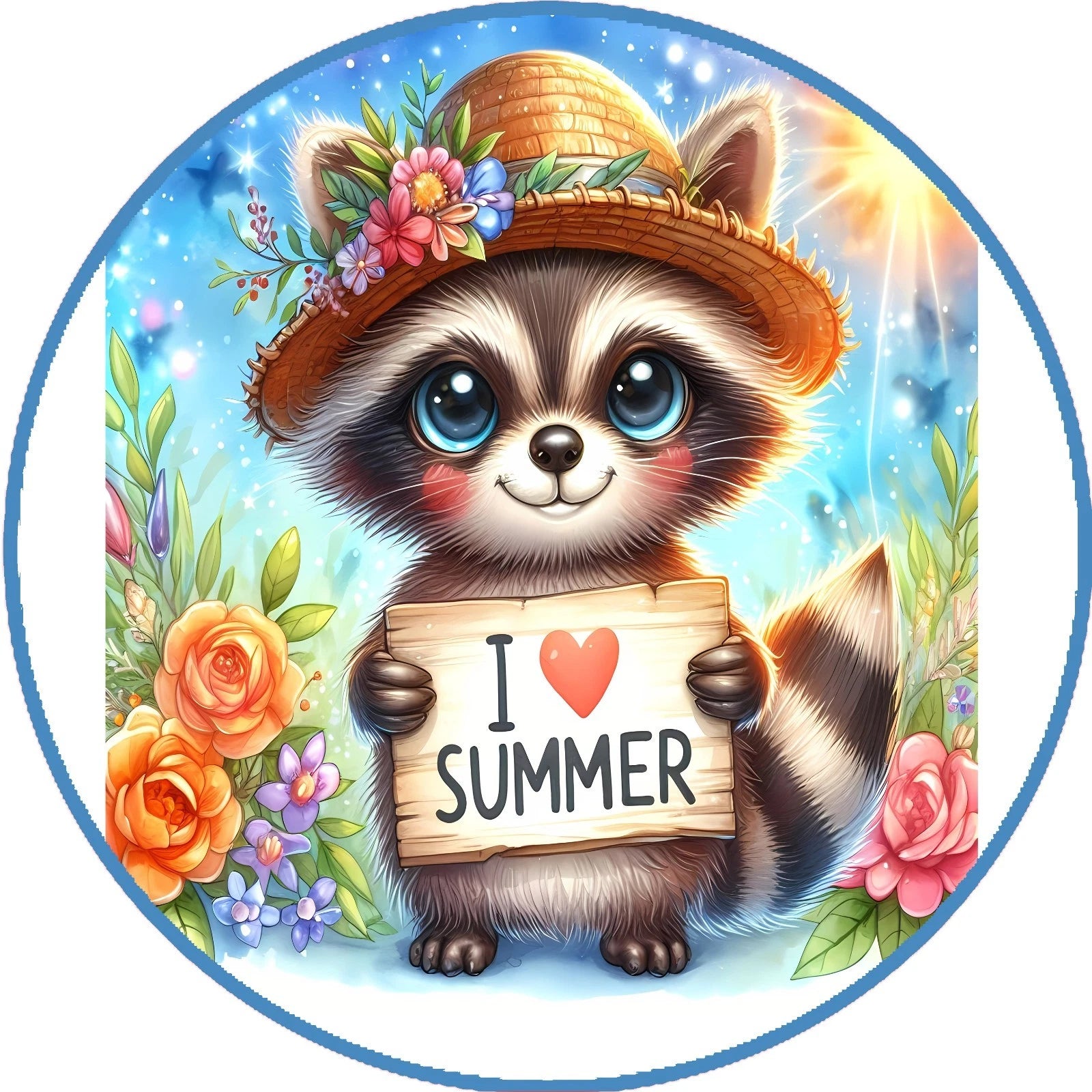 Summer Raccoon Floral Wreath Sign