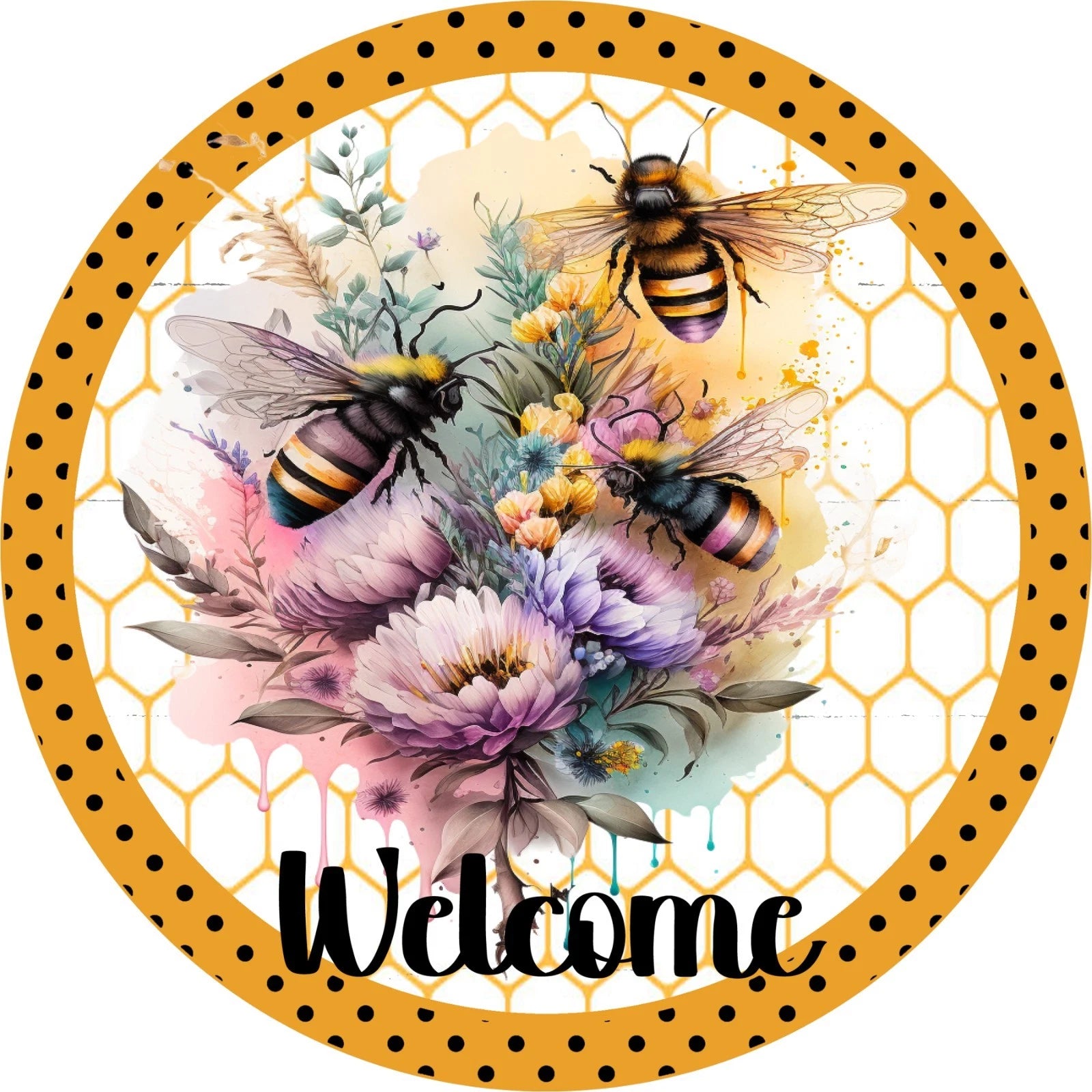Welcome Bee Floral Wreath Sign