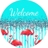 Welcome Flamingo Tropical Wreath Sign