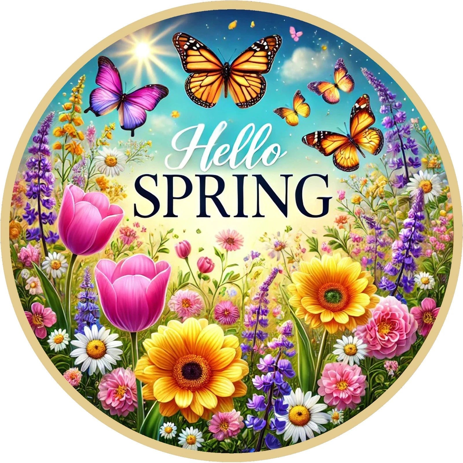 Hello Spring Butterfly Floral Wreath Sign
