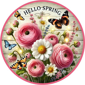 Hello Spring Pink Floral Butterfly Wreath Sign