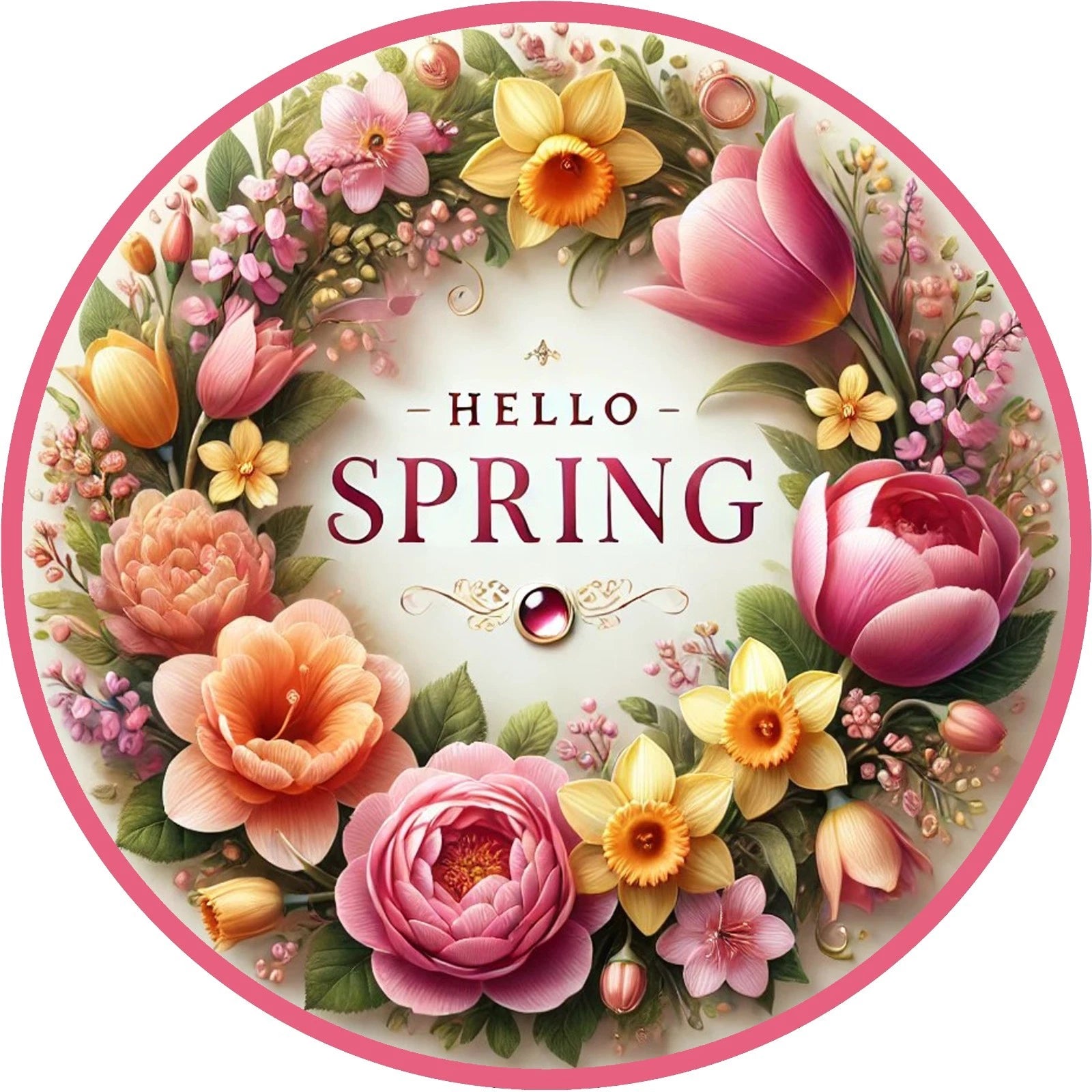 Hello Spring Pink Floral Wreath Sign