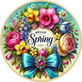 Hello Spring Floral Wreath Sign with Bow