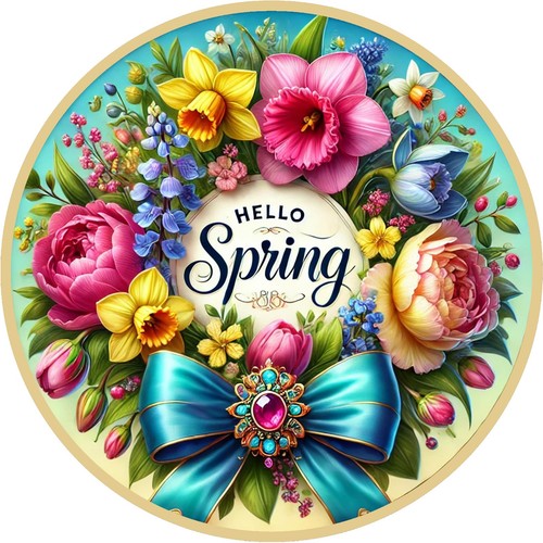 Hello Spring Floral Wreath Sign with Bow