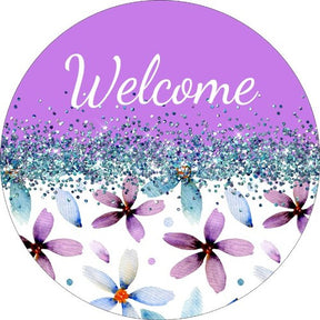 Welcome Purple Floral Wreath Sign